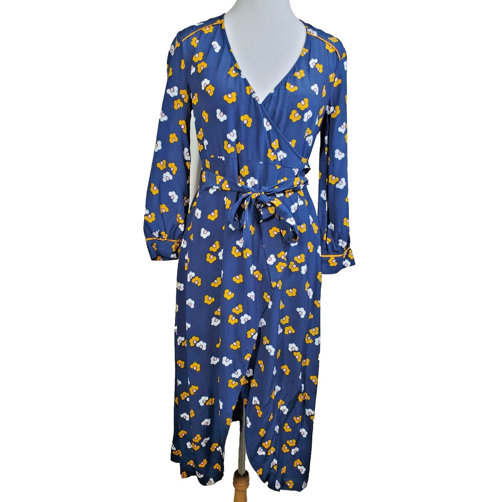 Boden Womens 2 Petite Wrap Dress Blue Floral Print FLORIS Daisy Long Sleeve